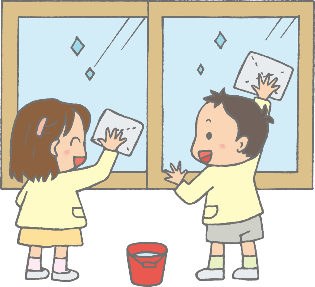 「雑巾で窓掃除する子どもたち」のかわいい手書きフリーイラスト