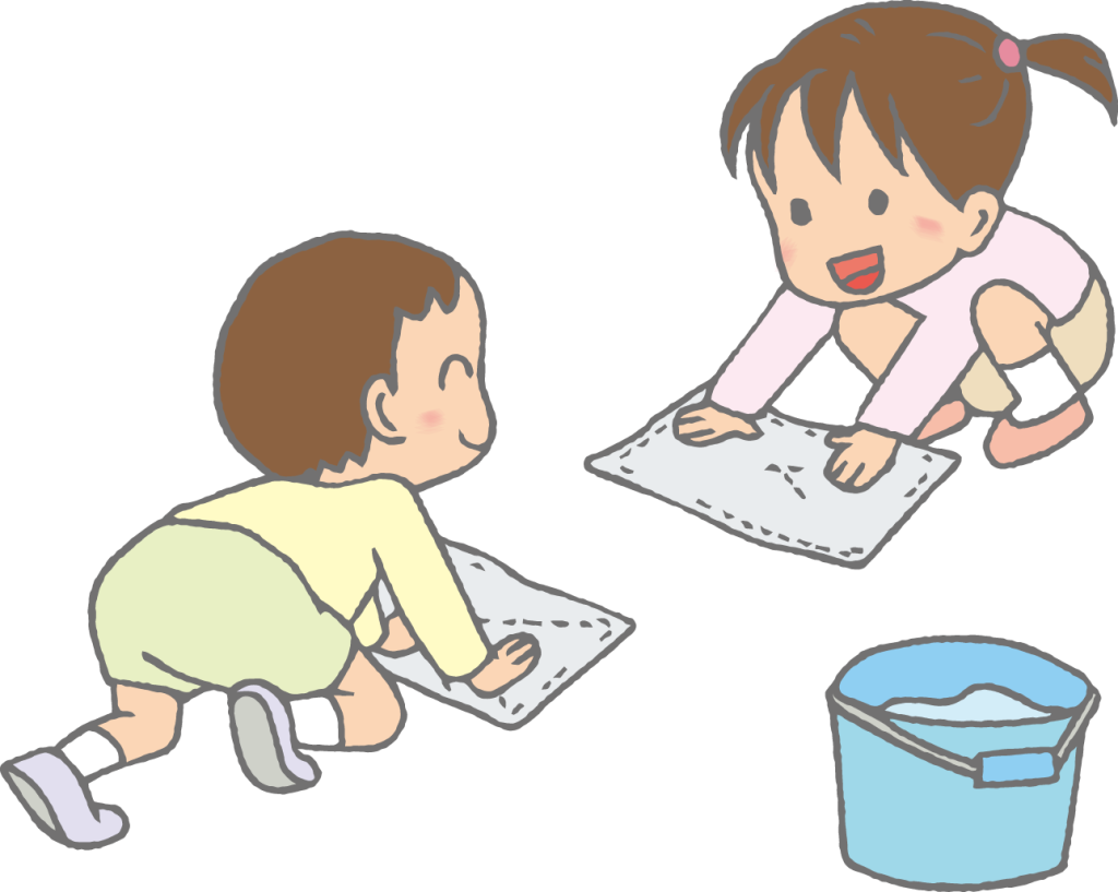 「雑巾で床掃除する子どもたち」のかわいい手書きフリーイラスト