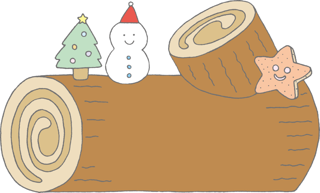 「ブッシュドノエル（クリスマスツリーと雪だるまの飾り）」のフレーム素材・飾り枠フリーイラスト