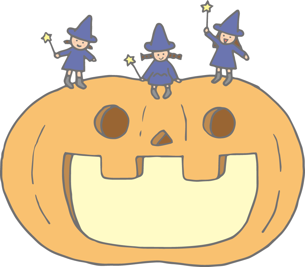 「かぼちゃのお化けと魔女たち（ハロウィン）」のフレーム素材・飾り枠フリーイラスト