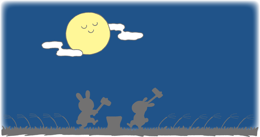「夜空に浮かぶ月と餅つきをするウサギの影（お月見）」のフレーム素材・飾り枠フリーイラスト