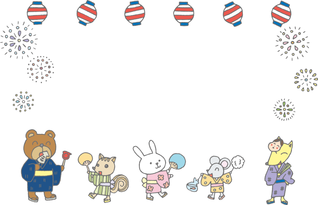 「花火と夏祭りを楽しむ動物たち（クマ・リス・ウサギ・ネズミ・キツネ）」のフレーム素材・飾り枠フリーイラスト