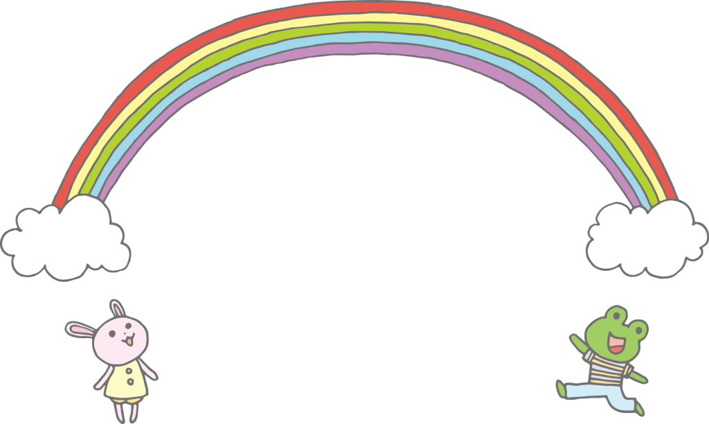 「虹と動物たち（ウサギ・カエル）」のフレーム素材・飾り枠フリーイラスト